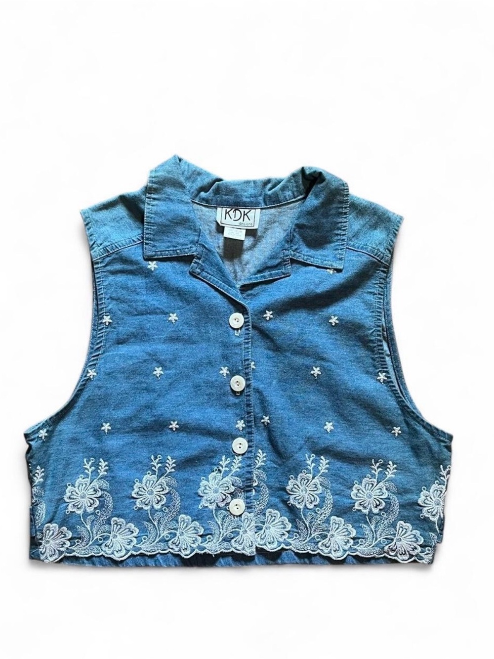 Vintage KDK Blue Embroidered Denim Cropped Vest